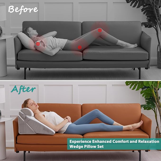 3Pcs Orthopedic Bed Wedge Pillow Set, Foam Wedge Pillow Post Surgery for Back, Leg and Knee Support, Adjustable 9&12 Inch Folding Triangle Pillow for Sleeping, Acid Reflux, Snoring, White/Grey