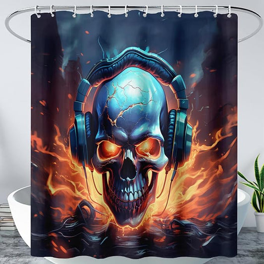 AILONEN Headset Skull Shower Curtain,Hip Hop Skeleton Fire Skull Bath Curtain,Cool Skull Decoration Bathroom Curtain with 12 Plastic Hooks,Waterproof 72" W*78" H