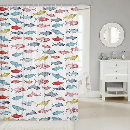 Feelyou Cartoon Fish Shower Curtain 72"x72" Kids Marine Life Sea Bathroom Shower Curtain Set for Boys Girls Teens Ocean Marine Themed Bath Curtain White Red Blue Yellow Bathroom Accessories