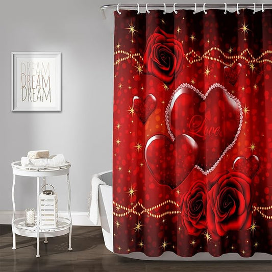 AILONEN Red Hearts Rose Shower Curtain for Bathroom Decor, Romantic Flower Bathroom Curtain 72" W*72" H,Valentine Bath Curtain Polyester Waterproof Shower Curtain with 12 Hooks