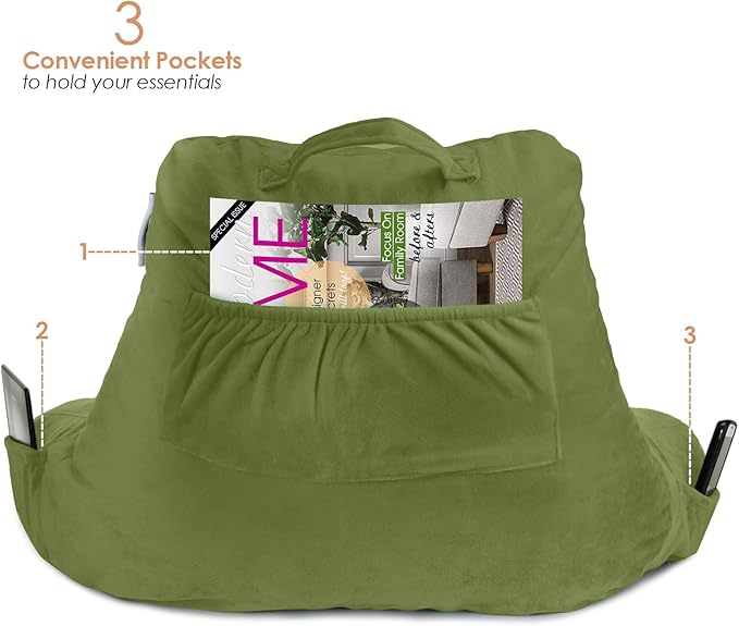 Nestl Reading Pillow for Kids, Small Bed Pillow, Back Pillow for Sitting in Bed, Memory Foam Chair Pillow, Reading & Bed Rest Pillows, Calla Green Back Pillow for Bed, Arm Pillow with Pockets