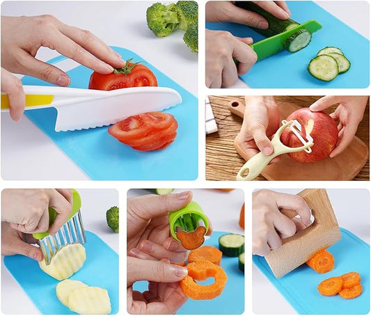 Kids Knives Set for Real Cooking - Toddler Knife Set with Cutting Board, Kids Safe Knife, Peeler, Plastic Potato Slicers, Fruit Cutters and Fork Picks for Kitchen
