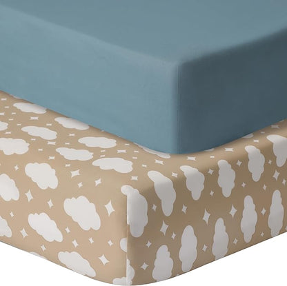 Baby Crib Sheets for Boys Girls, 2 Pack Fitted Crib Sheet for Standard Crib and Toddler Mattress, Soft Microfiber Baby Sheet 52x28x8in. (Clouds & Dark green)