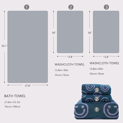 Luxury Cute Smiling Face Purple Green Bath Towel Sets for Bathroom, 1 Bath Towels 2 Hand Towels Washcloths 100% Cotton Ultra Soft Highly Absorbent for Women Kids Girl Boy Face Body