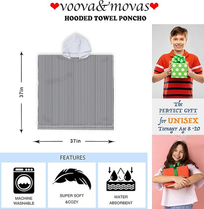 VOOVA & MOVAS Hooded Beach Towel for Big Kids | Large (8-16Years) Soft and Absorbent Cotton Poncho Towel Robe for Pool, Swim, and Bath Black White Stripe