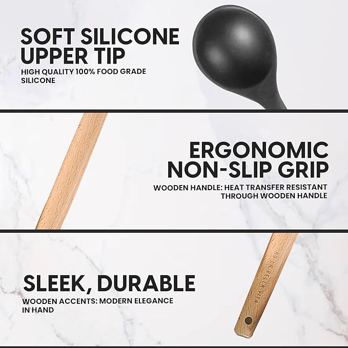 Silicone Utensil Set, 12 PCS Wooden Handle Nontoxic BPA Free 100% Food Grade Silicone Spoon Spatula Ladle Turner Tongs Kitchen Gadgets Utensil Set for Nonstick Cookware (Black)