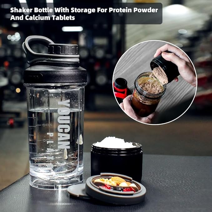 21oz Protein Shaker Bottle with Powder Storage Container-Shaker Cups for Protein Shakes-pre workout bottle-Mixer Cup-Gym Sport Water Bottle -Made with Tritan BPA Free,with Wire Whisk Balls (Black)