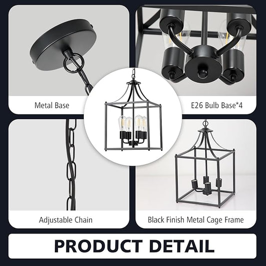 4-Light Black Chandelier Light Fixture, Modern Farmhouse Pendant Lights Kitchen Island, Industrial Iron Lantern Cage Chandelier Ceiling Hanging Lights for Kitchen Dining Room Entryway, E26 Socket