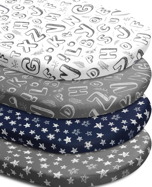 4 Pack Breathable Bassinet Sheets for Baby Boys Neutral Unisex Soft Bassinet Fitted Sheets for Toddler Travel Bassinet (Letter)