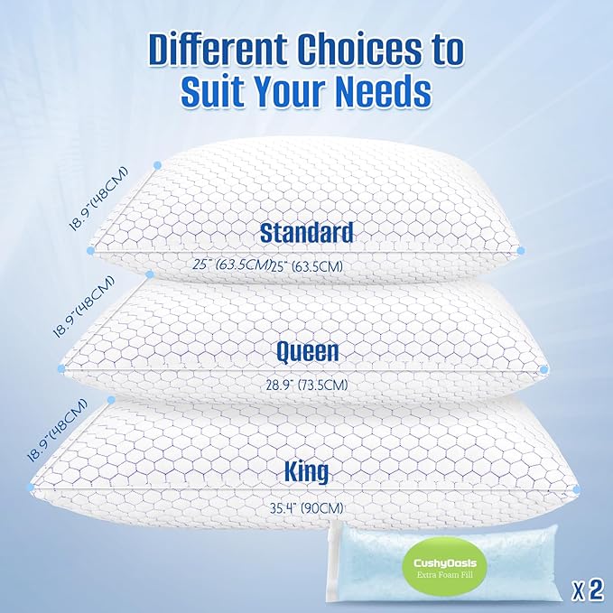Shredded Foam Pillow for Sleeping, Cooling Bed Pillows Set of 2, Adjustable Pillows for Side, Back, Stomach Sleepers with Washable Pillowcase (King Size, Purple)