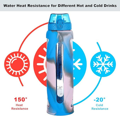 Glass Water Bottles with Straw and Flip Lid, Motivational Water Bottles with Time Marker Reminder and Silicone Sleeve, Leakproof, BPA Free (32 oz, Blue Grey & Pink)