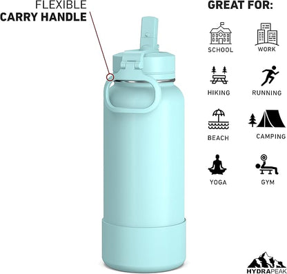 Hydrapeak 32oz Sport Insulated Water Bottle with Straw or Chug Lid, Leak & Spill Proof, Keeps Drinks Cold for 24 Hours, Hot for 12 Hours, Premium Stainless Steel Water Bottles (32oz, Aqua)
