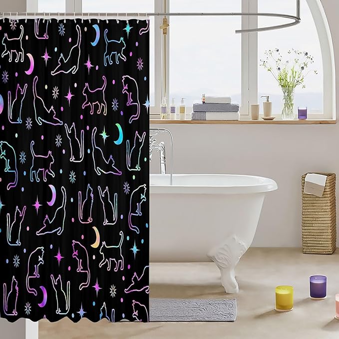 Manfei Cute Cats Silhouettes Kids Shower Curtains,Sun Moon Starry Sky Boho Bathroom Curtains for Girls Boys,Cartoon Animals Pets Neon Purple Romantic Waterproof Curtains,12 Hooks Suits,72" W x 78" L