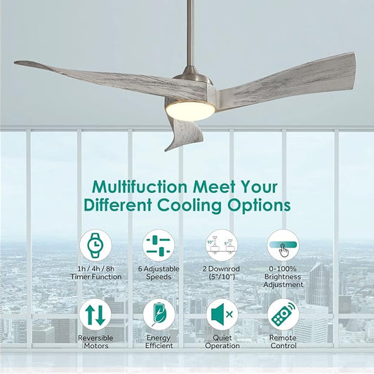 Sofucor 52" Wood Ceiling Fan Indoor with Light and Remote Control, 6-Speed, 3-Timer with Quiet Energy Saving, 3 blades Propeller Ceiling fan with Remote, Grey Wood Grain