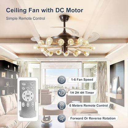 Sputnik Fandelier Ceiling Fan: 48" Gold Chandelier with Fan and Remote for Living Room - 18 Lights Black Fandelier for Bedroom - Retractable Crystal Ceiling Fans with Lights Farmhouse