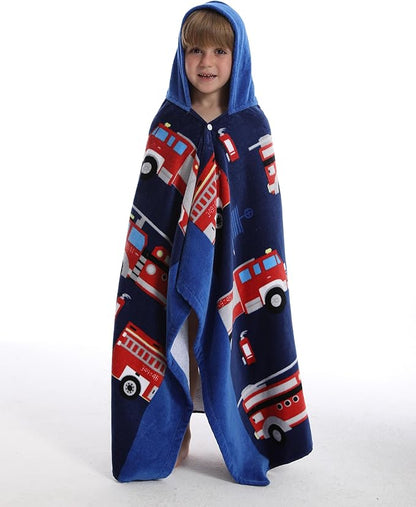 BANGSAUR Kids Hooded Beach Towels, 100% Cotton 50x30 inches Bath Pool Towel Wrap, Toddlers Boys 3-12 Years Coverup Fire Truck