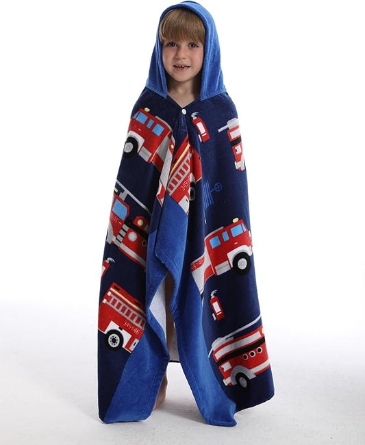 BANGSAUR Kids Hooded Beach Towels, 100% Cotton 50x30 inches Bath Pool Towel Wrap, Toddlers Boys 3-12 Years Coverup Fire Truck