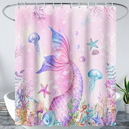 AILONEN Mermaid Shower Curtain for Kids Women Girls, Pink Ocean Coral Jellyfish Coast Bathroom Curtain,Mermaid Tail Print Bath Curtain 72" W*84" H Polyester Waterproof Shower Curtain with 12 Hooks