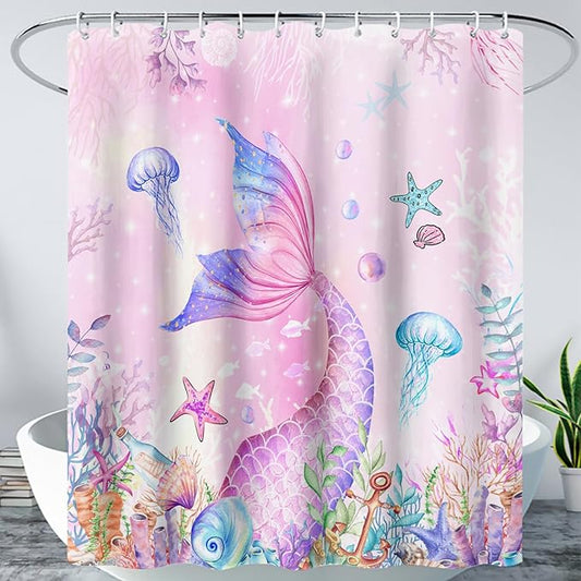 AILONEN Mermaid Shower Curtain for Kids Women Girls, Pink Ocean Coral Jellyfish Coast Bathroom Curtain,Mermaid Tail Print Bath Curtain 72" W*72" H Polyester Waterproof Shower Curtain with 12 Hooks