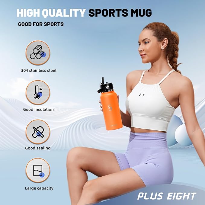 Sports Water Bottle, 32 oz Insulated Water Bottle With Straw, Stainless Steel Water Bottle Wide Mouth for Sports, Gym or Office, BPA-Free Keep Cold 24H Hot 12H (Orange)