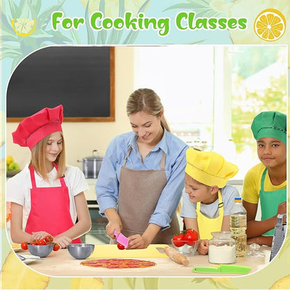 Sratte 20 Pcs Kids Apron and Chef Hat Set Kids Plastic Knife Set with Cutting Board, 5 Toddler Apron 5 Chef Hat 5 Kid Safe Knives 5 Kids Chopping Board for Baking Cooking Club, Preschool Class