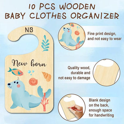 CRASPIRE 10Pcs Ocean Animal Wood Baby Wardrobe Dividers Clothes Size Dividers Closet Organizers Nursery Decor from Newborn to 36 Month Hanger Baby Infant Wardrobe Divider for Newborn Baby Shower