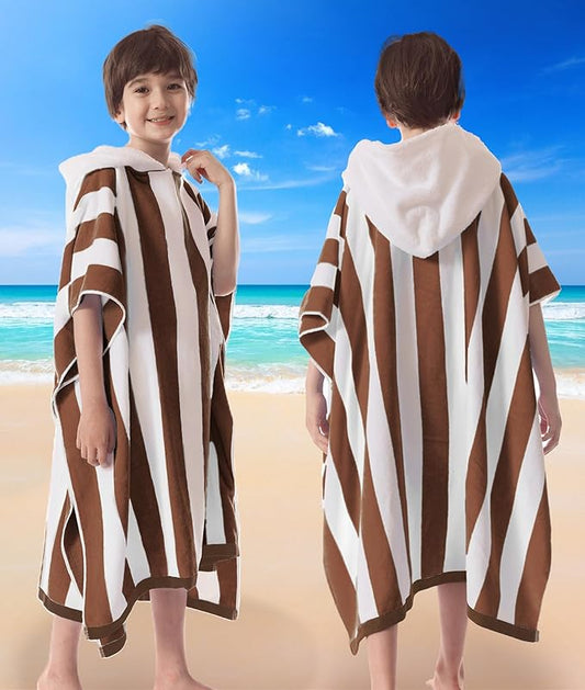 VOOVA & MOVAS Big Kids Poncho Towel with Hood - Teens Hooded Pool Towel Robe (8-16Years), Large and Absorbent Cotton - Versatile for Beach, Pool, Swim, and Bath, Brown Cabana Stripe