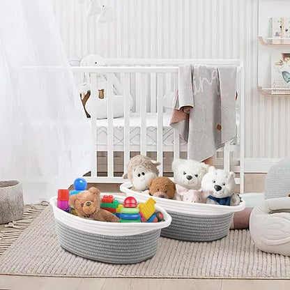 Small Woven Basket with Handles, 5 Pack Cotton Rope Room Shelf Storage Basket for Organizing Small Round Basket Baby Nursery Bins, White (Off White & Gray)