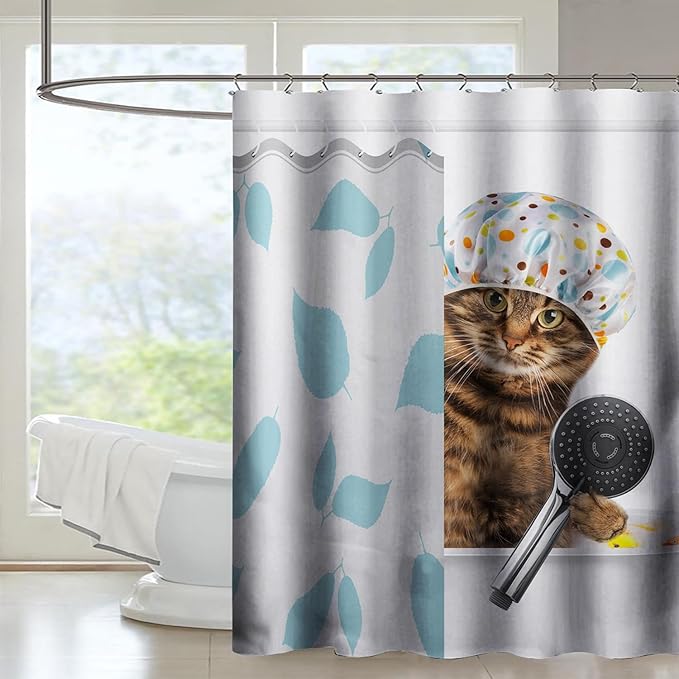 AILONEN Funny Cat with Shower Cap Shower Curtain for Kids 60" W*72" H Inch,Cute Kitten Taking Shower Bathroom Curtain,12 Pack Hooks Polyester Waterproof Fabric Decor for Bathroom,Blue