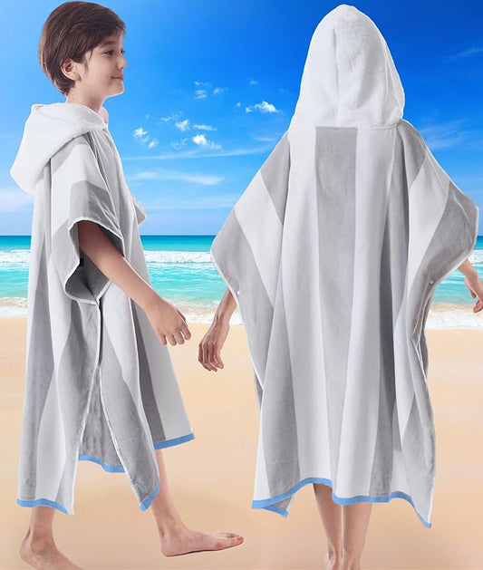 VOOVA & MOVAS Big Kids Hooded Bath Towels - Girl | Teens Pool Towel Poncho Towel Robe (8-16Years), Large Thick and Absorbent Cotton - Versatile for Pool, Swim, and Bath, Grey and White Wide Cabana