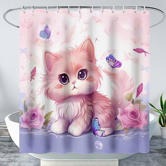 AILONEN Cute Cat Shower Curtain for Kids Boys,Kawaii Kitten and Butterfly Fabric Shower Curtains for Bathroom,Big Eye Pink Cat Polyester Cloth Bath Curtain Set, 72" W*78" H Pink