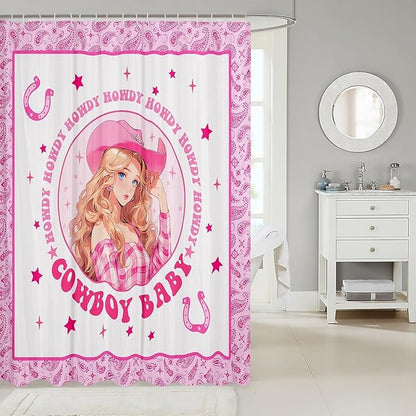 Manfei Western Cowgirl Kids Shower Curtains,Cowboy Horseshoes Stars Geometric Patchwork Bathroom Curtains for Girls Women,Paisley Boho Pink Romantic Waterproof Curtains,12 Hooks Suits,72" W x 84" L