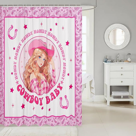Manfei Western Cowgirl Kids Shower Curtains,Cowboy Horseshoes Stars Geometric Patchwork Bathroom Curtains for Girls Women,Paisley Boho Pink Romantic Waterproof Curtains,12 Hooks Suits,72" W x 84" L