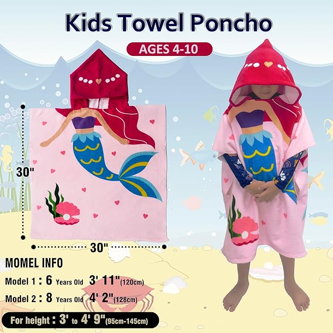 Hooded Kids Beach Towels - Toddler Bath Towel Girls Boys Swim Cover-ups for Ages 4 to 10 Kids Pool Towels Quick Dry Lightweight Soft Microfiber Poncho 30x30(Pink Mermaid)