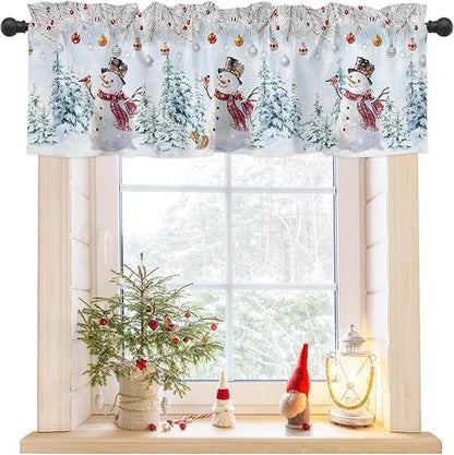 Snowman Valance Curtains for Kitchen Windows Blue Merry Christmas Tree Red Balls Squirrel Rod Pocket Window Treatment Toppers for Kitchen/Living Room/Bedroom/Bathroom, 42" X 12", Winter