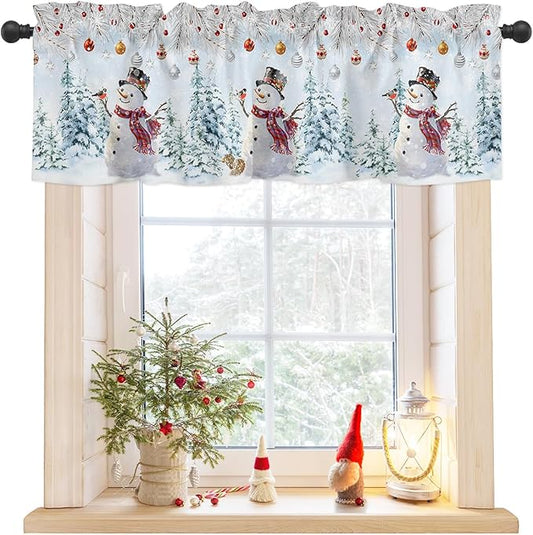 Snowman Valance Curtains for Kitchen Windows Blue Merry Christmas Tree Red Balls Squirrel Rod Pocket Window Treatment Toppers for Kitchen/Living Room/Bedroom/Bathroom, 42" X 18", Winter