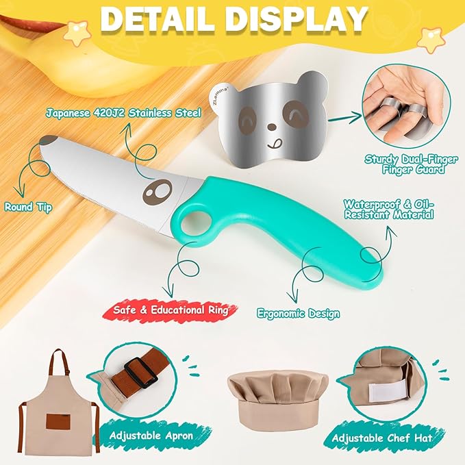 Kids Knife Set for Real Cooking with Educational Ring & Adjustable Apron & Chef Hat- Children Training Knife with Educational Ring-Blue