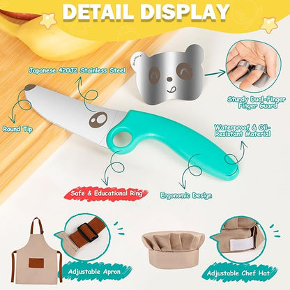 Kids Knife Set for Real Cooking with Educational Ring & Adjustable Apron & Chef Hat- Children Training Knife with Educational Ring-Blue