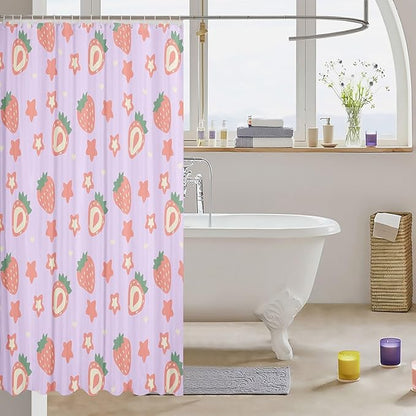 Feelyou Purple Strawberry Bathroom Waterproof Accessories with 12 Hooks Kawaii Fruit Shower Curtain for Kids Boys Girls Cute Stars Strawberry Fabric Shower Curtain Kawaii Lovely Curtains,72x72 Inches