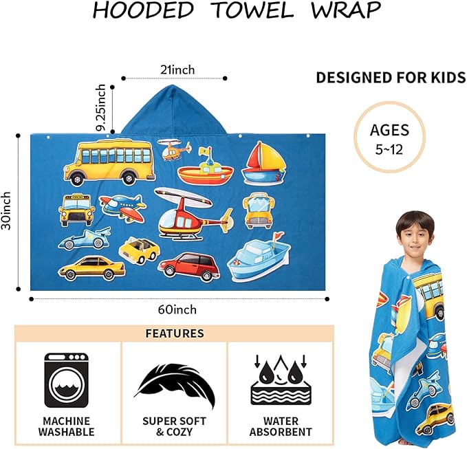 Hooded Towel for Toddlers 5-12 Years Boys Girls Kids Bath Pool Beach Towel Wrap Extra Large Soft Absorbent Beach Poncho(Cars XL)