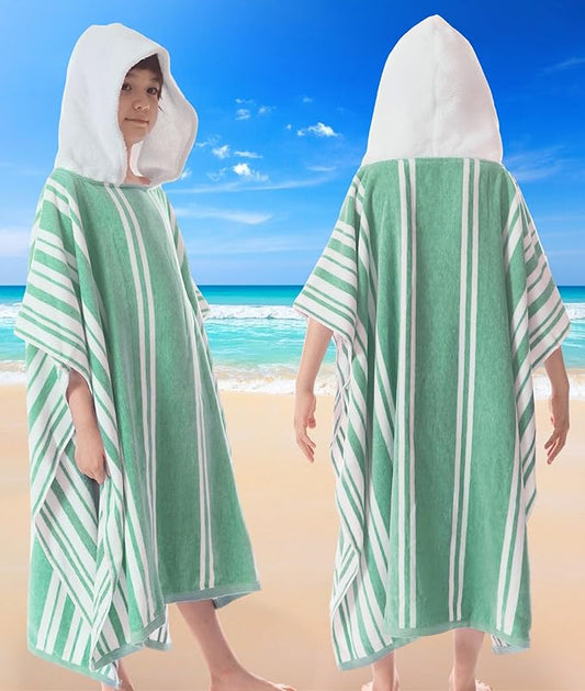 VOOVA & MOVAS Hooded Beach Towels for Boys| Girls | Teens (8-16Years), 100% Cotton Thick Poncho Towel Robe for Big Kids, Perfect for Pool, Beach, Bath and Gifts, Green Cabana Stripe Design