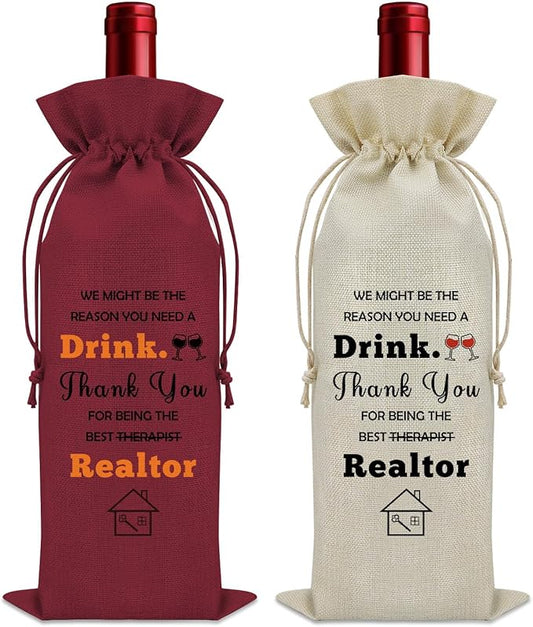 2PCS Realtor Gifts for Women Agent Wine Bag Thank You Gifts for Clients Real Estate Therapist Gifts for Men Wine Bottle Storage Bag Housewarming Gifts for Her Wine Accessories Gifts for Wine Lovers