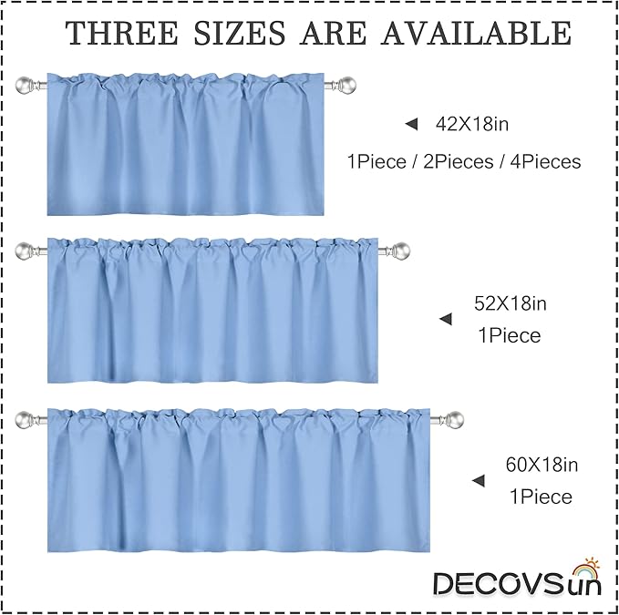 Sky Blue Valance for Windows 52x18 Inch Solid Thermal Insulated Blackout Rod Pocket Kitchen Short Curtain Toppers Valance for Bathroom Living Room, Light Baby Blue