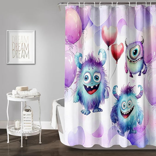 AILONEN Monster Shower Curtain for Bathroom, Cute Monster Purple Balloon Printed Bath Curtain,Women Girls Kids Minimalist Waterproof Fabric Shower Curtain Set with Hooks 36" W*72" H