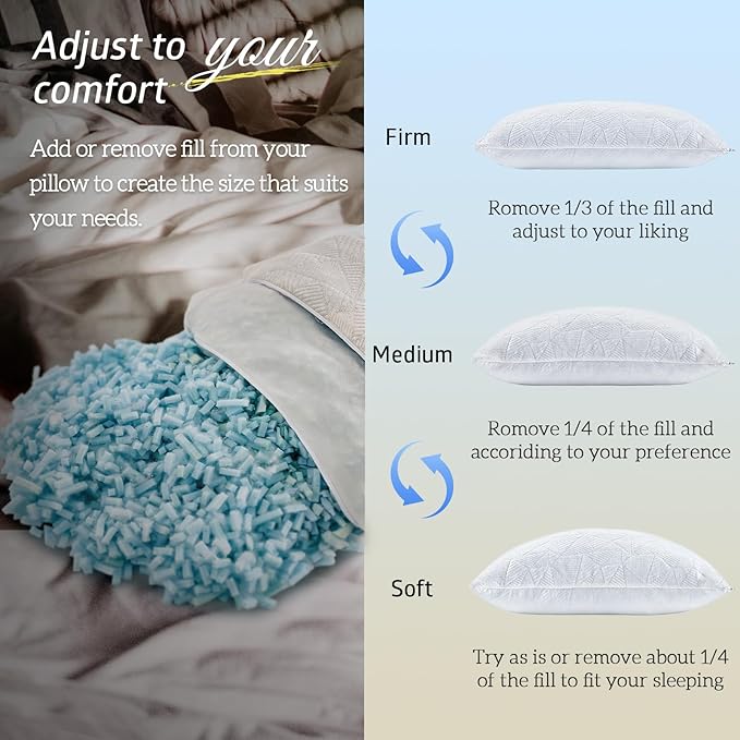 Cooling Pillows Standard Size Set of 2, BETU Shredded Memory Foam Cool Pillows for Hot Sleepers, Adjustable Firm Soft Support Bed Pillows Perfect for Back Neck Pain and Side Sleeping, White