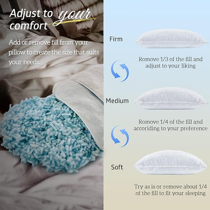 BETU Cooling Pillows Queen Size Set of 2, Shredded Memory Foam Cool Pillows for Hot Sleepers, Adjustable Firm Soft Support Bed Pillows Perfect for Back Neck Pain and Side Sleeping with Cover, White