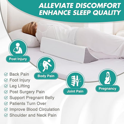 Wedge Pillow for Side Sleeping, Bed Wedge& Body Positioners, Back Pillow for Pregnancy, Back Pain, Leg Elevation and Side Sleepers, Memory Foam Body Pillow, Anti-Slip Base, White/Grey