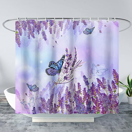 AILONEN Flying Butterfly Shower Curtain for Girl Women,Purple Lavender Flower Butterfly Floral Decor Bath Curtain 36" W*72" H Polyester Fabric Waterproof Bathroom Bathtub Curtain with 12 Hooks