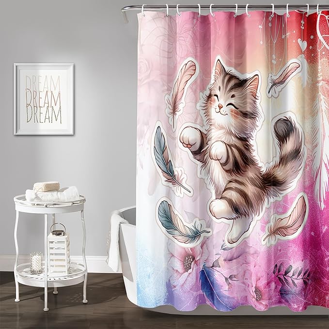 AILONEN Cartoon Cat Shower Curtain,Kawaii Dance Kitten and Feathers Bathroom Curtain Set for Kids Boys,Cute Animal Kittens Waterproof Shower Curtain for Bathroom, 36" W*72" H Pink