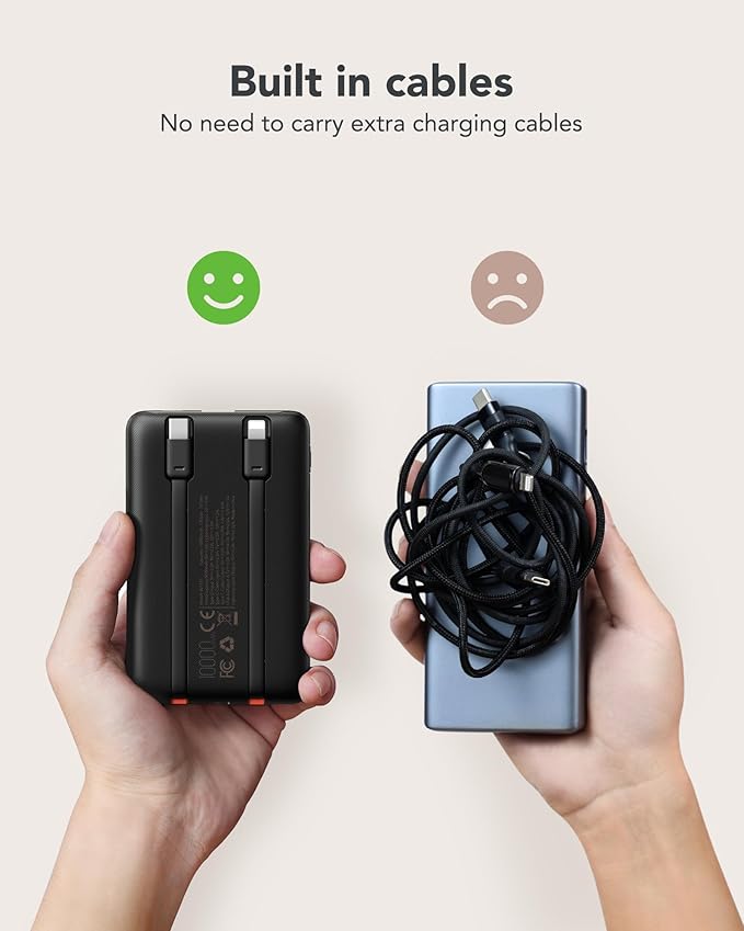 Mini Portable Charger with Built-in Cables 22.5W Fast Charging Power Bank USB-C Small Battery Pack 10000mAh Travel Essential Slim Battery for iPhone, Samsung, Android, and More